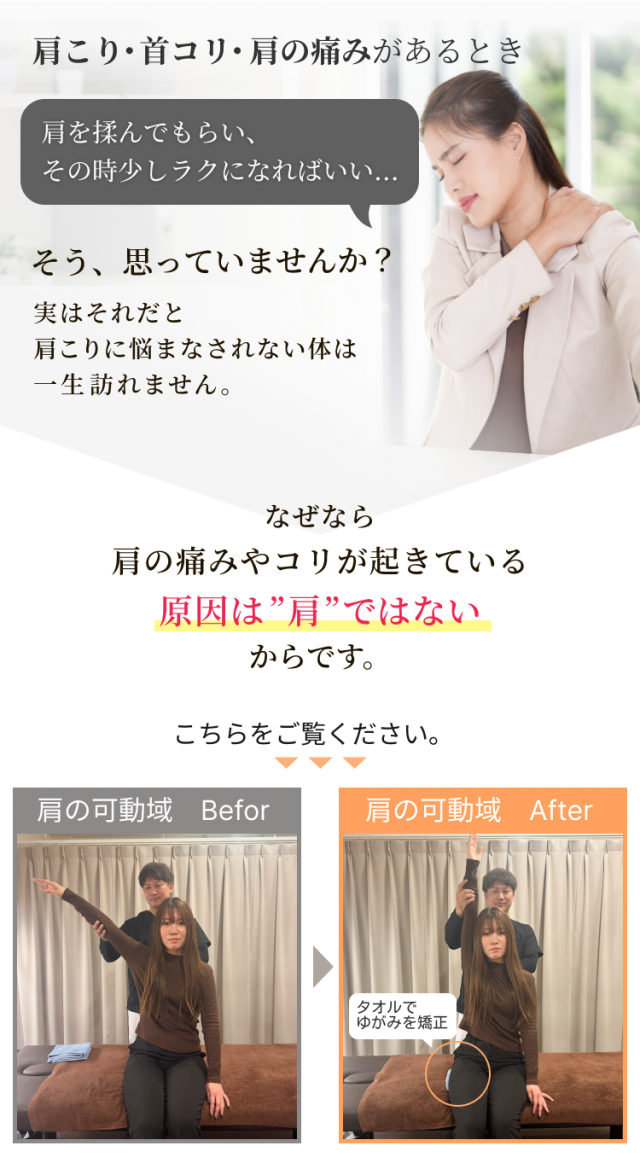肩の痛みやコリが起きている 原因は”肩”ではなく、土台のゆがみによって生じるため、多方面からのアプローチが必要。お尻の下にタオルを置いてゆがみを矯正した際の方の可動域の写真で説明。